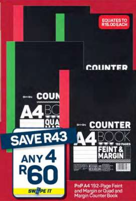 PnP A4 192-Page Feint and Margin or Quad and Margin Counter Book