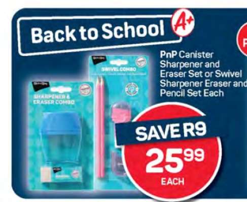 PnP Canister Sharpener and Eraser Set or Swivel Sharpener Eraser and Pencil Set Each