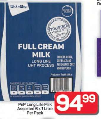 PnP Long Life Milk Assorted 6 x 1 Litre Per Pack