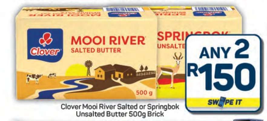 Clover Mooi River Salted or Springbok Unsalted Butter 500g Brick