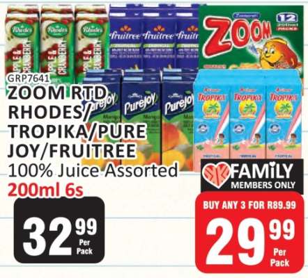 ZOOM RTD/RHODES/TROPIKA/PURE JOY/FRUITREE 100% Juice Assorted 200ml 6s