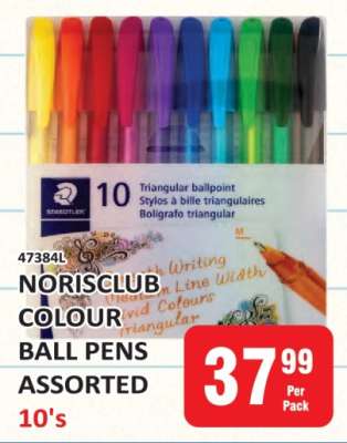 NORISCLUB COLOUR BALL PENS ASSORTED 10's