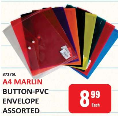 A4 MARLIN BUTTON-PVC ENVELOPE ASSORTED