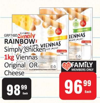 RAINBOW Simply Chicken 1kg Viennas Original OR Cheese