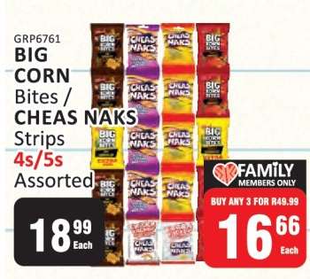 BIG CORN Bites / CHEAS NAKS Strips 4s/5s Assorted