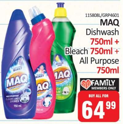 MAQ Dishwash 750ml + Bleach 750ml + All Purpose 750ml