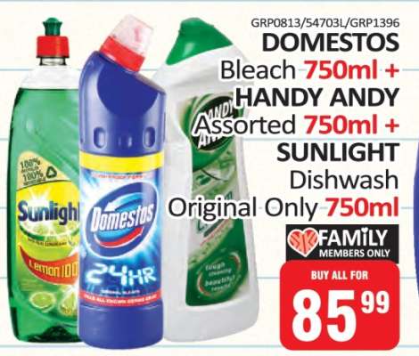 DOMESTOS Bleach 750ml + HANDY ANDY Assorted 750ml + SUNLIGHT Dishwash Original Only 750ml