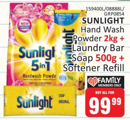 SUNLIGHT Hand Wash Powder 2kg + Laundry Bar Soap 500g + Softener Refill