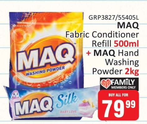 MAQ Fabric Conditioner Refill 500ml + MAQ Hand Washing Powder 2kg