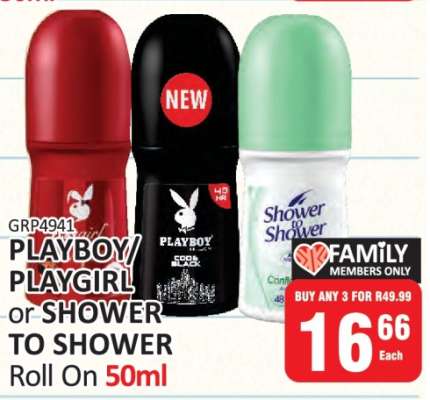 PLAYBOY/PLAYGIRL or SHOWER TO SHOWER Roll On 50ml