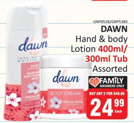 DAWN Hand & body Lotion 400ml/300ml Tub Assorted