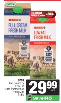 SPAR Full Cream or Low Fat Ultra Pasteurised Fresh Milk 2 litre