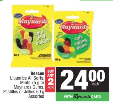Beacon Liquorice All Sorts, Mints 75 g or Maynards Gums, Pastilles or Jellies 60 g Assorted