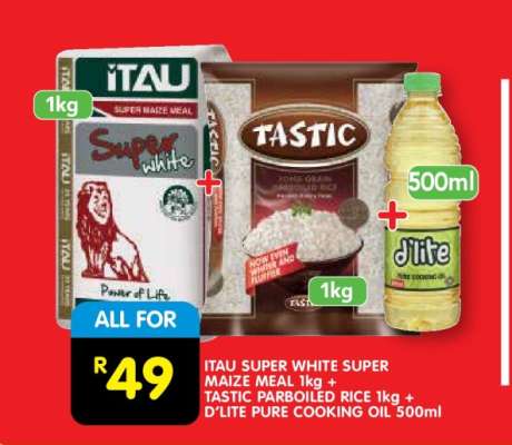 ITAU SUPER WHITE SUPER MAIZE MEAL 1kg + TASTIC PARBOILED RICE 1kg + D'LITE PURE COOKING OIL 500ml
