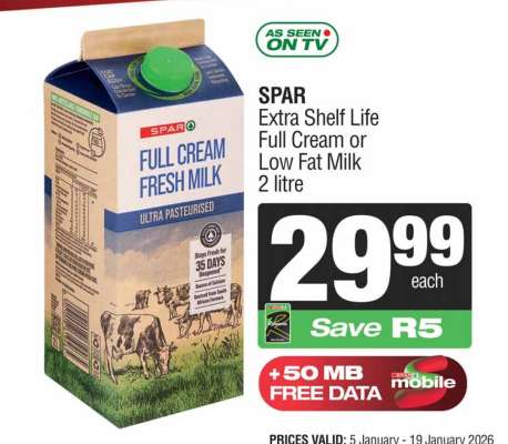 SPAR Extra Shelf Life Full Cream or Low Fat Milk 2 litre