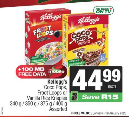 Kellogg’s Coco Pops, Froot Loops or Vanilla Rice Krispies