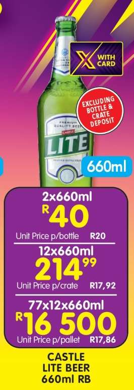 CASTLE LITE BEER 660ml RB