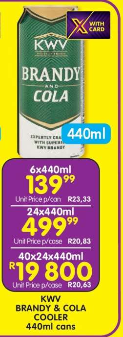 KWV BRANDY & COLA COOLER 440ml cans