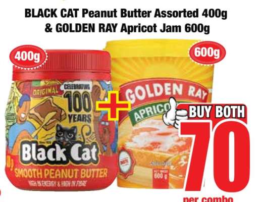 BLACK CAT Peanut Butter Assorted 400g & GOLDEN RAY Apricot Jam 600g