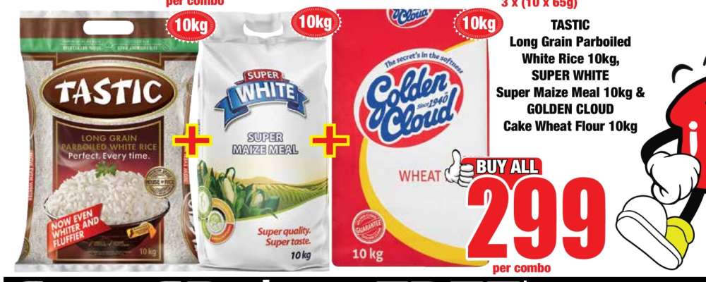 TASTIC Long Grain Parboiled White Rice 10kg, SUPER WHITE Super Maize Meal 10kg & GOLDEN CLOUD Cake Wheat Flour 10kg