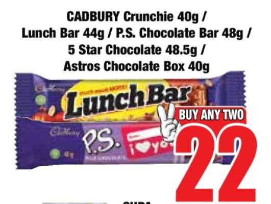 CADBURY Crunchie 40g / Lunch Bar 44g / P.S. Chocolate Bar 48g / 5 Star Chocolate 48.5g / Astros Chocolate Box 40g