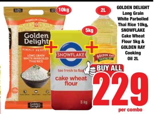 GOLDEN DELIGHT Long Grain White Parboiled Thai Rice 10kg, SNOWFLAKE Cake Wheat Flour 5kg & GOLDEN RAY Cooking Oil 2L
