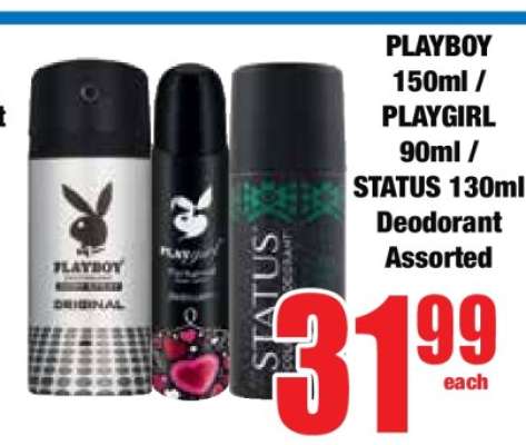 PLAYBOY 150ml / PLAYGIRL 90ml / STATUS 130ml Deodorant Assorted