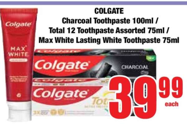 COLGATE Charcoal Toothpaste 100ml / Total 12 Toothpaste Assorted 75ml / Max White Lasting White Toothpaste 75ml