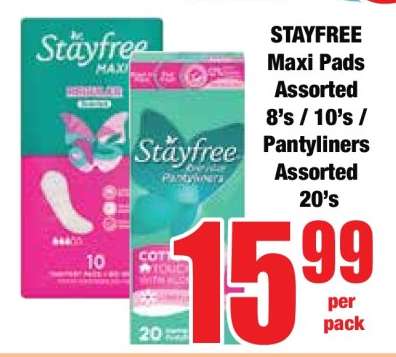 STAYFREE Maxi Pads Assorted 8's / 10's / Pantyliners Assorted 20's