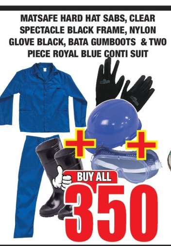 MATSAFE HARD HAT SABS, CLEAR SPECTACLE BLACK FRAME, NYLON GLOVE BLACK, BATA GUMBOOTS & TWO PIECE ROYAL BLUE CONTI SUIT