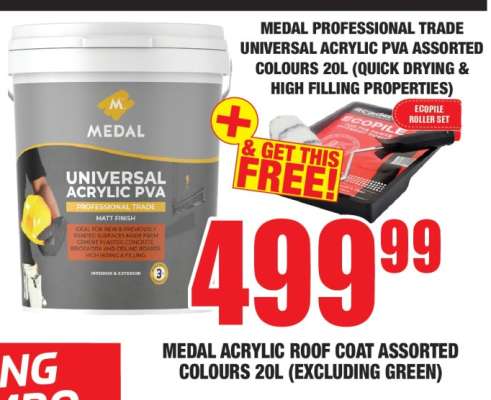 MEDAL PROFESSIONAL TRADE UNIVERSAL ACRYLIC PVA ASSORTED COLOURS 20L