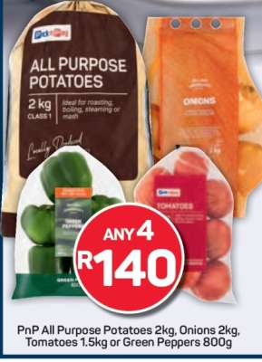 PnP All Purpose Potatoes 2kg, Onions 2kg, Tomatoes 1.5kg or Green Peppers 800g