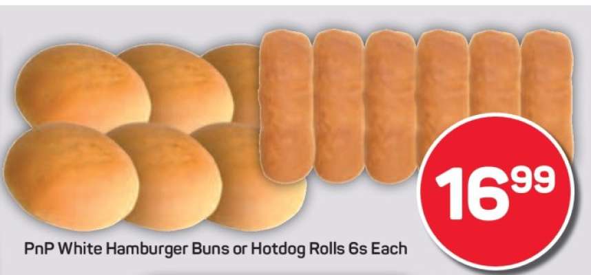 PnP White Hamburger Buns or Hotdog Rolls 6s Each