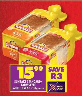SUNBAKE STANDARD/FARMSTYLE WHITE BREAD 700g each
