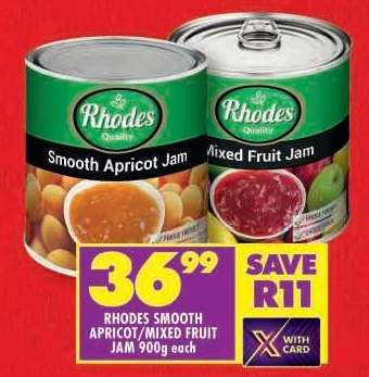 RHODES SMOOTH APRICOT/MIXED FRUIT JAM 900g