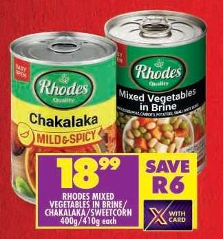 RHODES MIXED VEGETABLES IN BRINE/CHAKALAKA/SWEETCORN