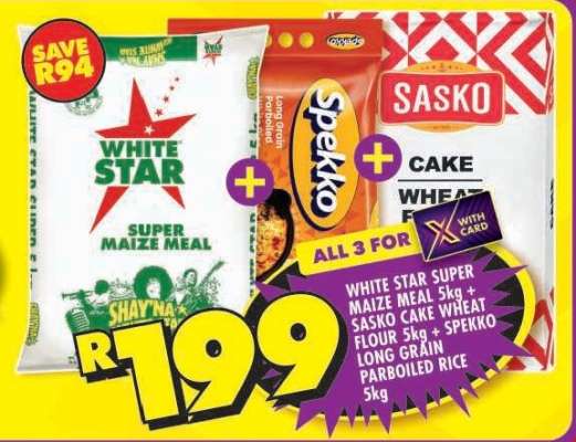 White Star Super Maize Meal 5kg + Sasko Cake Wheat Flour 5kg + Spekko Long Grain Parboiled Rice 5kg