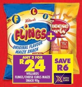 WILLARDS FLINGS/CHEESE CURLS MAIZE SNACK 90g
