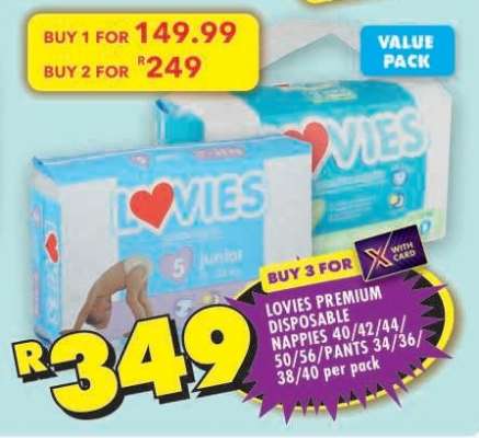 LOVIES PREMIUM DISPOSABLE NAPPIES 40/42/44/50/56/PANTS 34/36/38/40 per pack