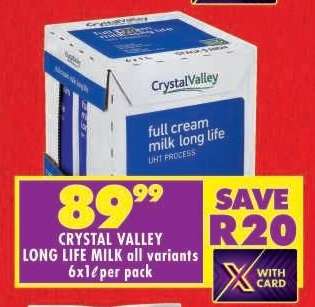CRYSTAL VALLEY LONG LIFE MILK all variants 6x1ℓ per pack