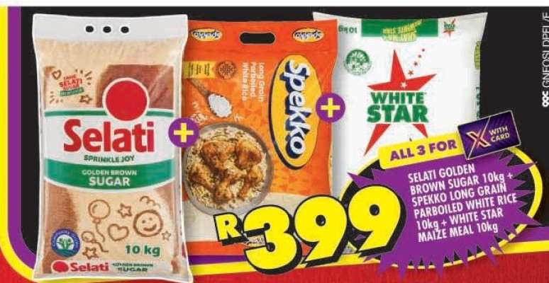 Selati Golden Brown Sugar 10kg + Spekko Long Grain Parboiled White Rice 10kg + White Star Maize Meal 10kg