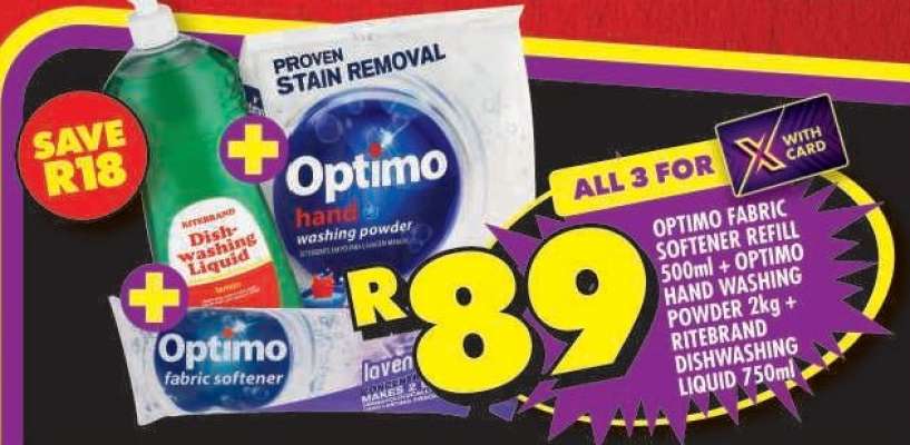 Optimo Fabric Softener Refill 500ml + Optimo Hand Washing Powder 2kg + Ritebrand Dishwashing Liquid 750ml