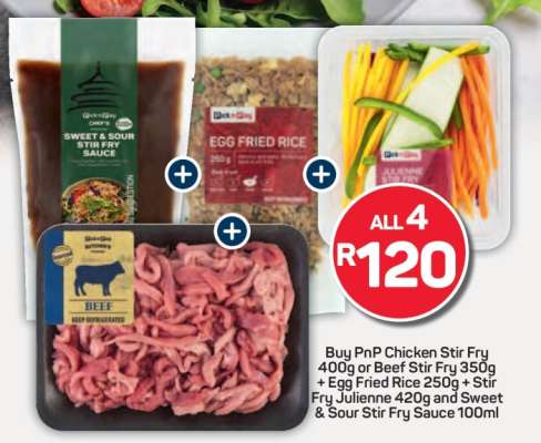 Buy PnP Chicken Stir Fry 400g or Beef Stir Fry 350g + Egg Fried Rice 250g + Stir Fry Julienne 420g and Sweet & Sour Stir Fry Sauce 100ml