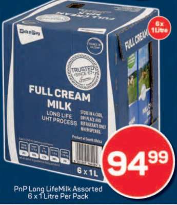 PnP Long Life Milk Assorted 6 x 1 Litre Per Pack