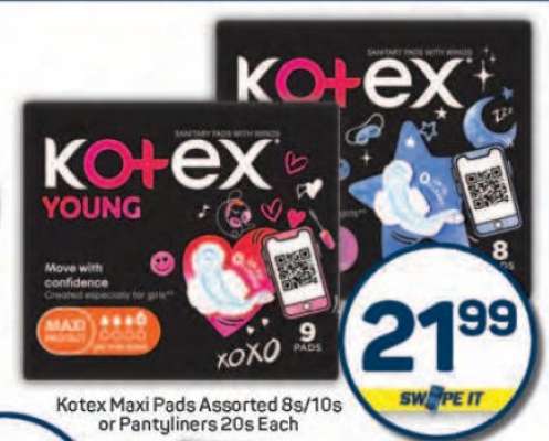 Kotex Maxi Pads Assorted 8s/10s or Pantyliners 20s Each
