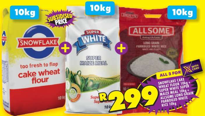 SNOWFLAKE Cake Wheat Flour 10kg + SUPER WHITE Super Maize Meal 10kg + ALLSOME Long Grain Parboiled White Rice 10kg