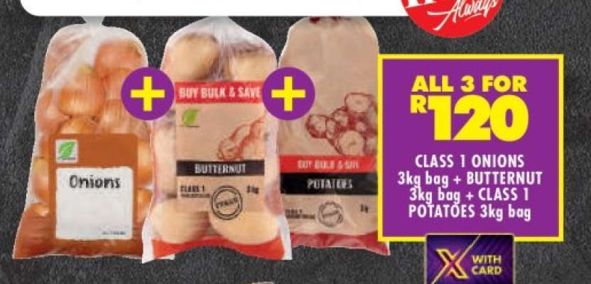 CLASS 1 ONIONS 3kg bag + BUTTERNUT 3kg bag + CLASS 1 POTATOES 3kg bag