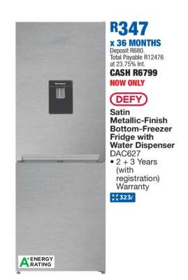 DEFY Satin Metallic-Finish Bottom-Freezer Fridge with Water Dispenser DAC627