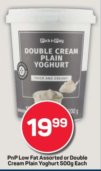 PnP Low Fat Assorted or Double Cream Plain Yoghurt 500g