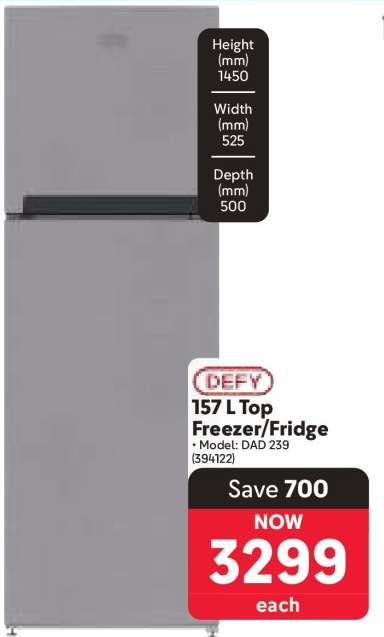 DEFY 157 L Top Freezer/Fridge
